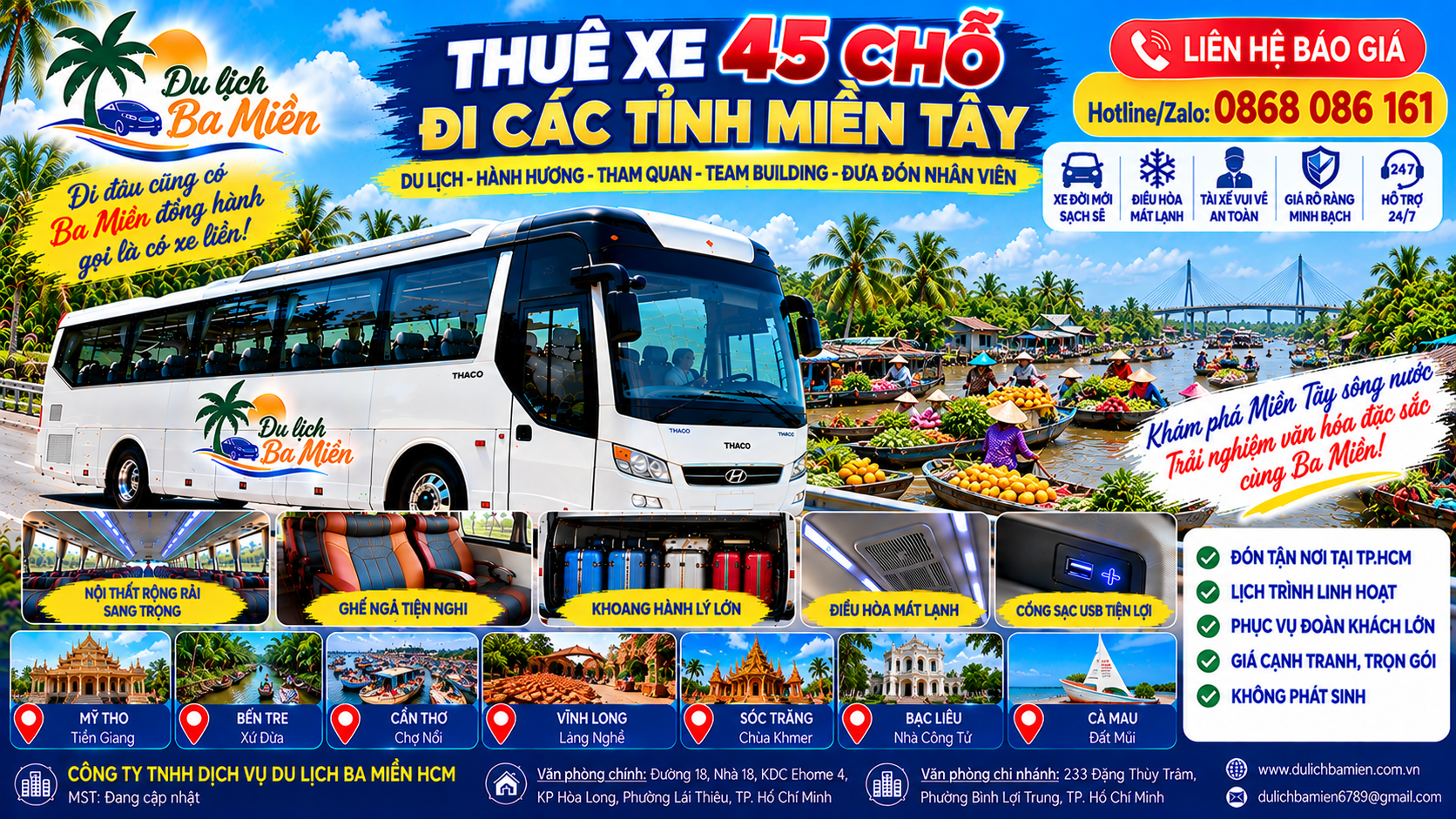 Thu&ecirc; Xe 45 Chỗ Đi C&aacute;c Tỉnh Miền T&acirc;y