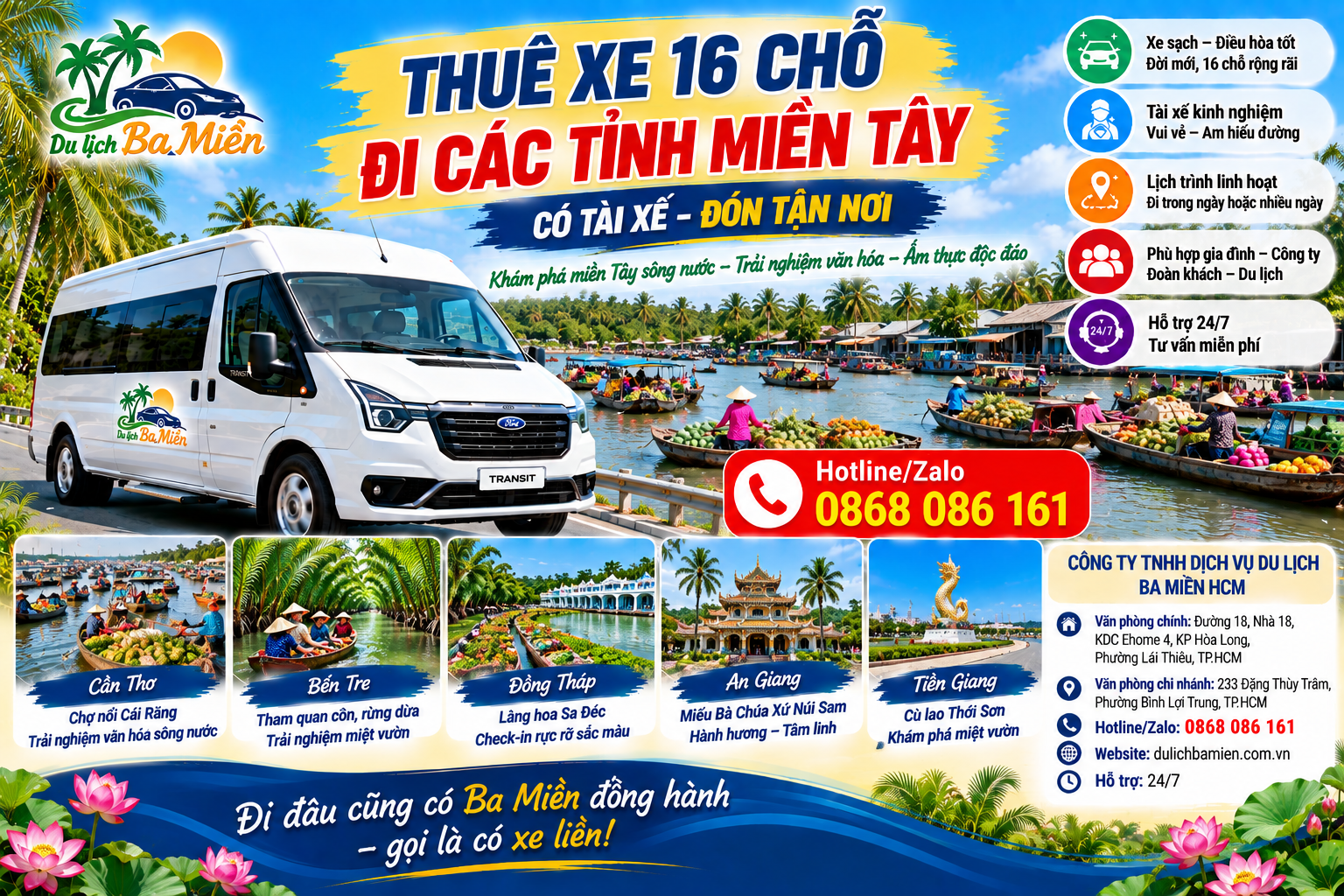 Thuê xe 16 chỗ đi các tỉnh miền Tây