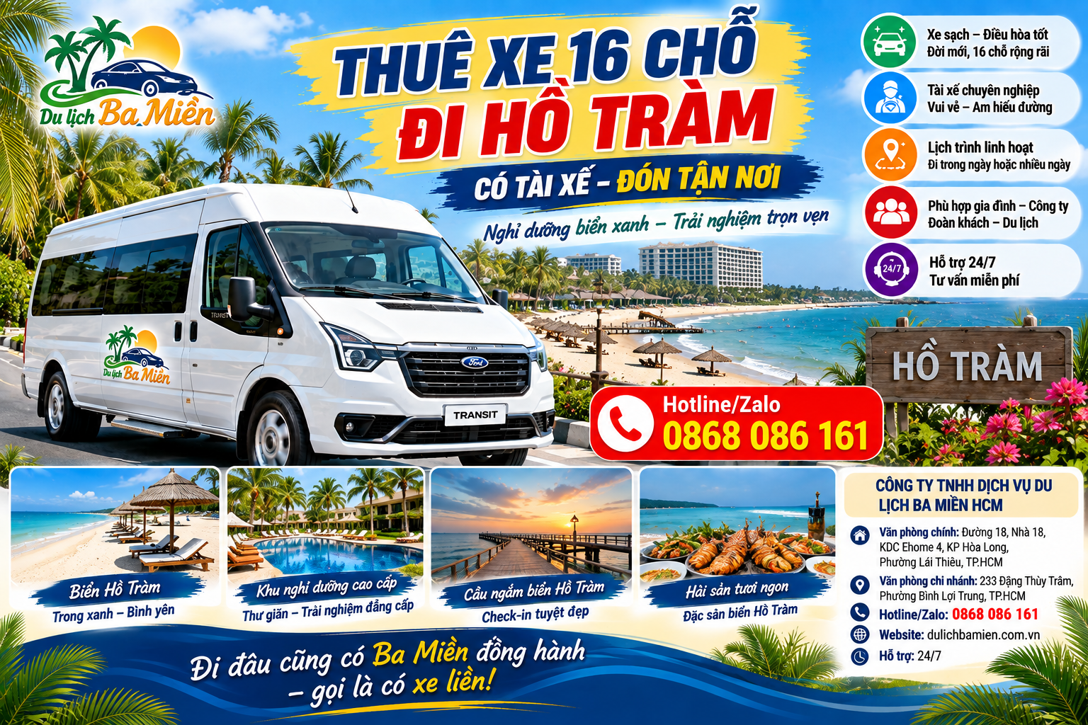 Thu&ecirc; xe 16 chỗ đi hồ tr&agrave;m & Long hải