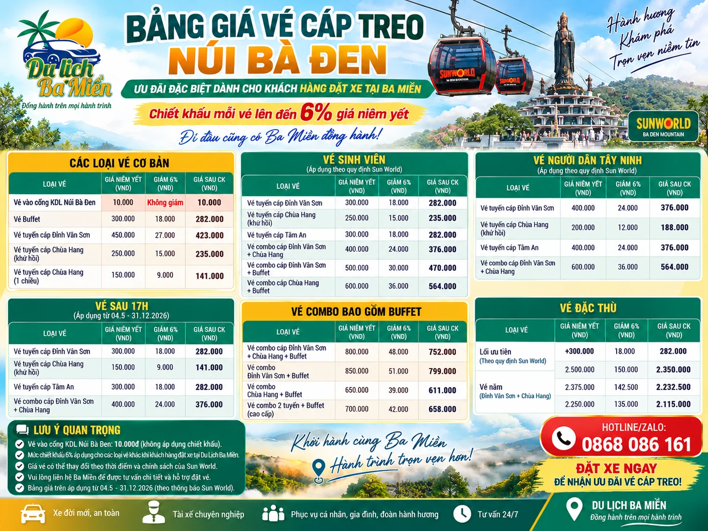 Đặt vé cáp treo Núi Bà Đen, BẢNG GIÁ CÁP TREO